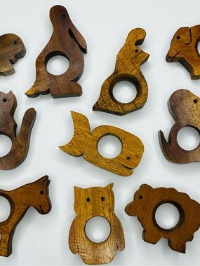 Vintage Hand Carved Wood Animal Napkin Rings Set of 13 MCM Folk Art